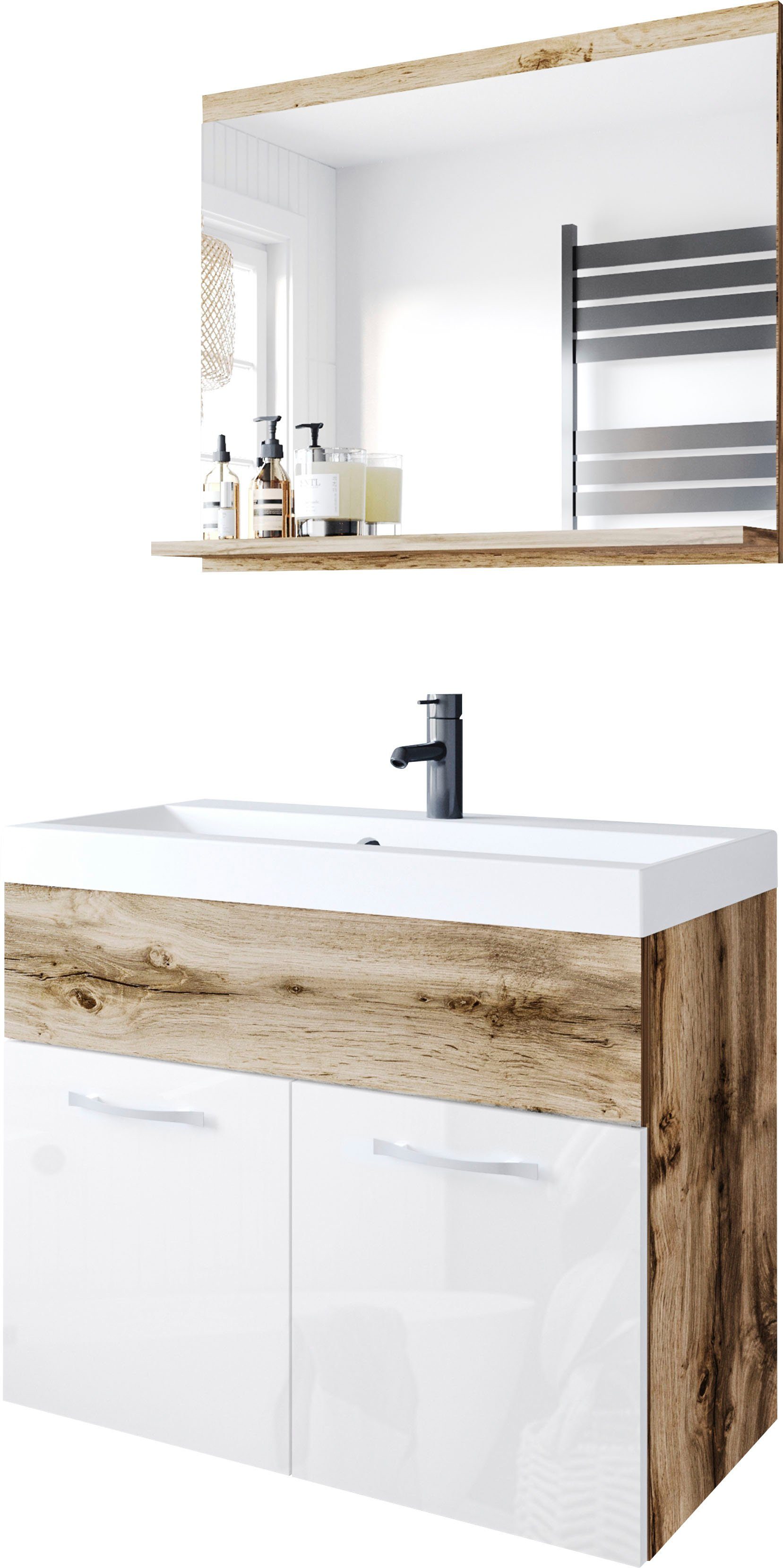 Aica Sofia Badmöbel Set 80 Cm - Weiß Hochglanz Waschtisch Mit Waschbecken & Unterschrank, Soft-Close